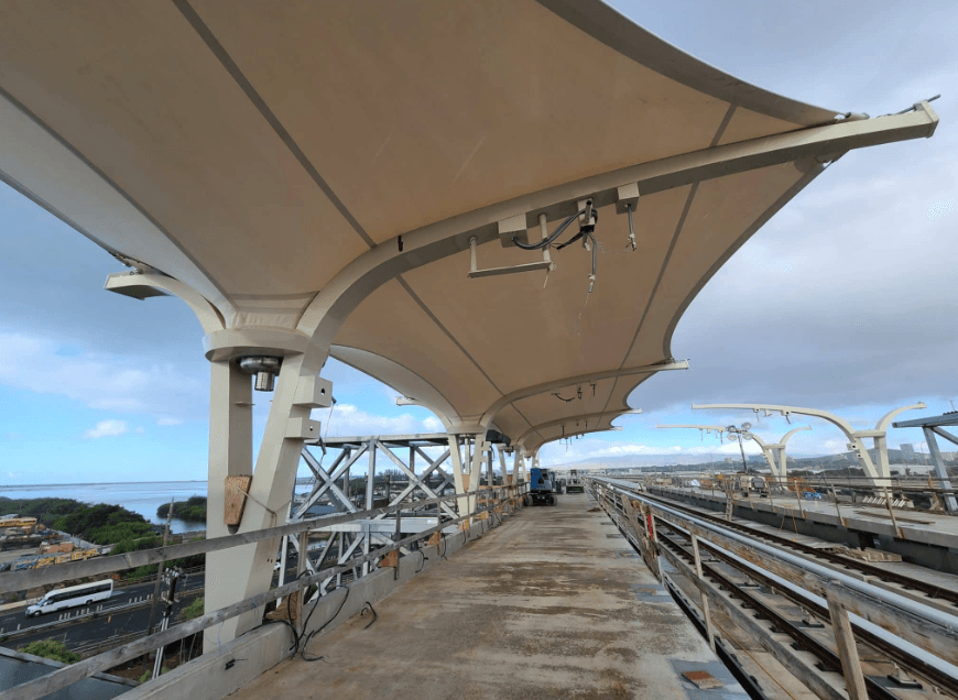 Covered walkway shade connecting buildings at a school campus in Kenya